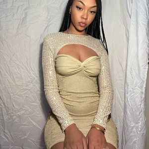 Cream/ Gold Glitter bodycon dress size: S